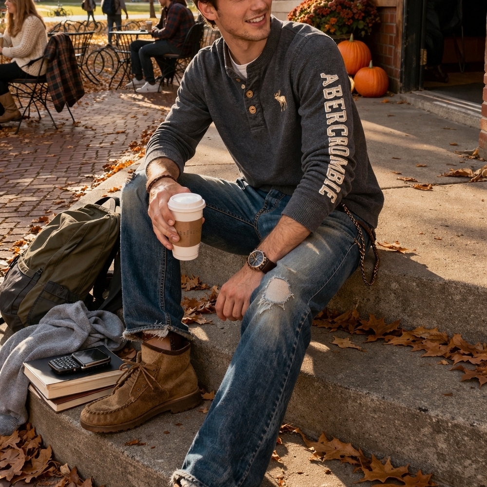 Abercrombie Gray Long Sleeve Henley M Moose L/S Graphic 2010sFashion Fall 2009 S